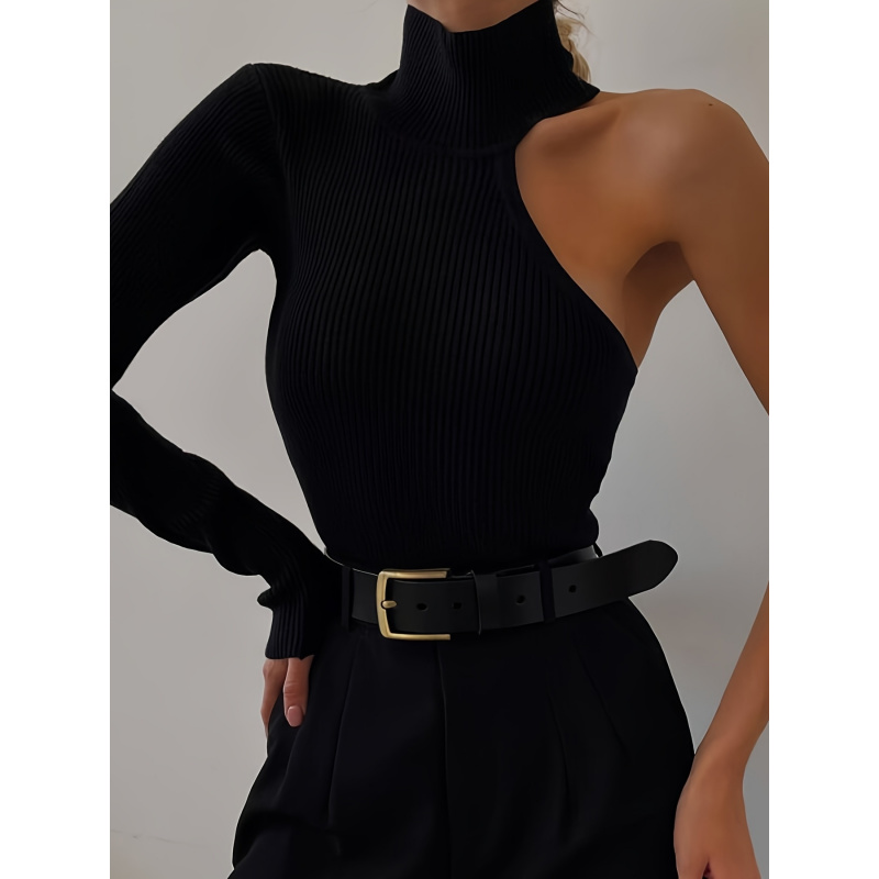 Winter Clothing For Women - Bodysuit Rajut Rib Asimetris Satu Bahu