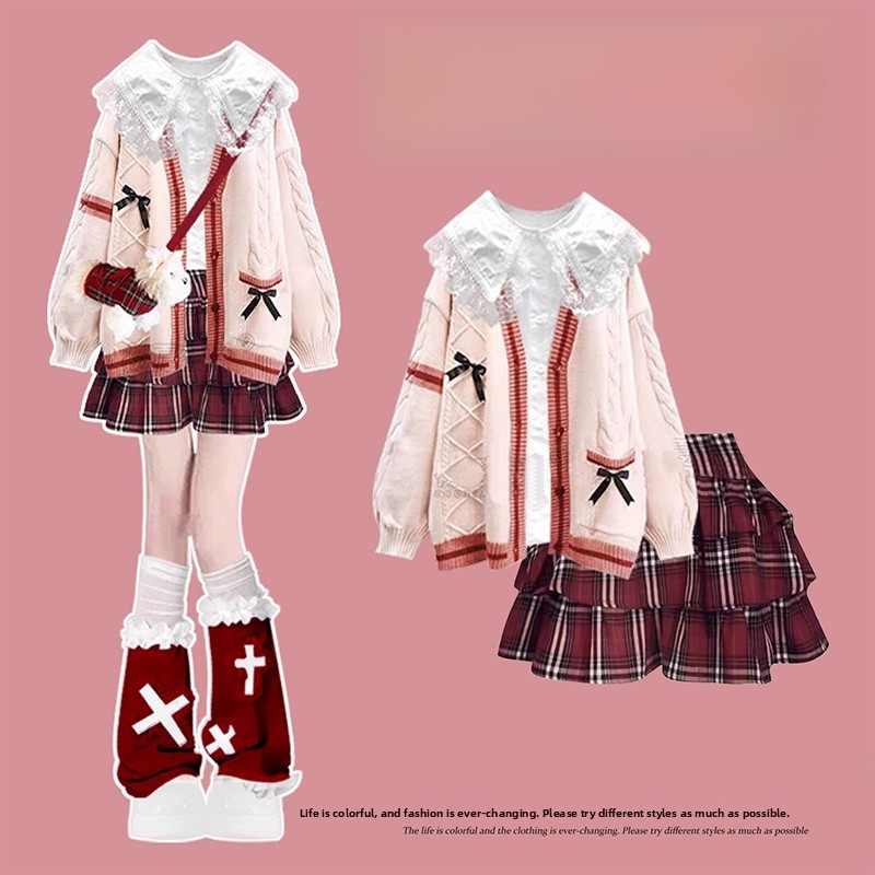 Winter Under Clothing - Gaun Sweter Kotak-kotak Merah Pakaian Musim
